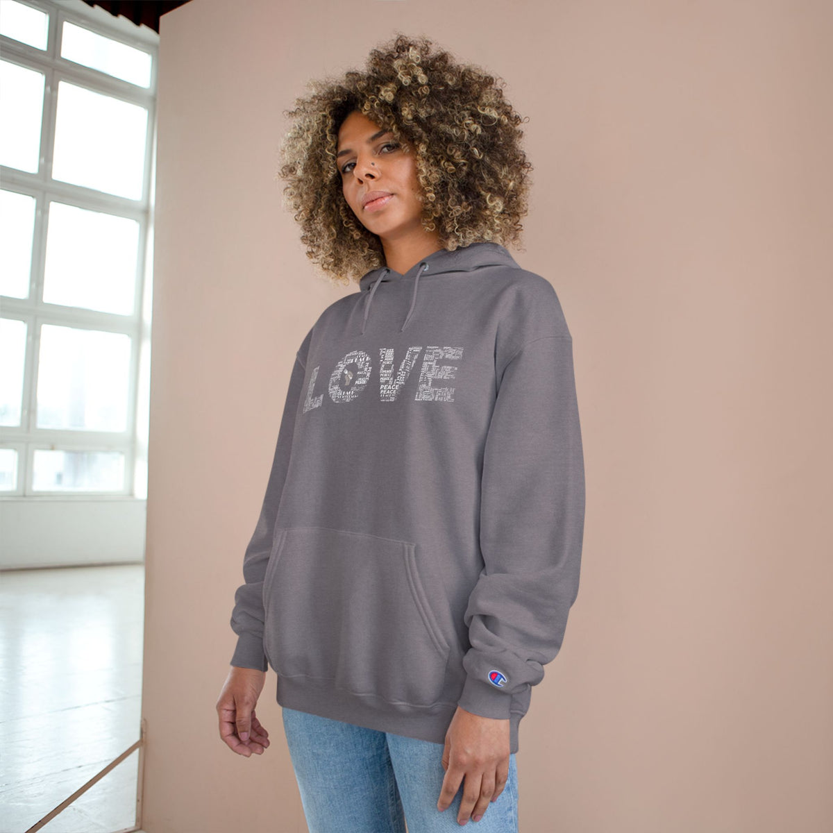 Peace in LOVE Graphic Hoodie — Distressed Text Champion-Style Pullover